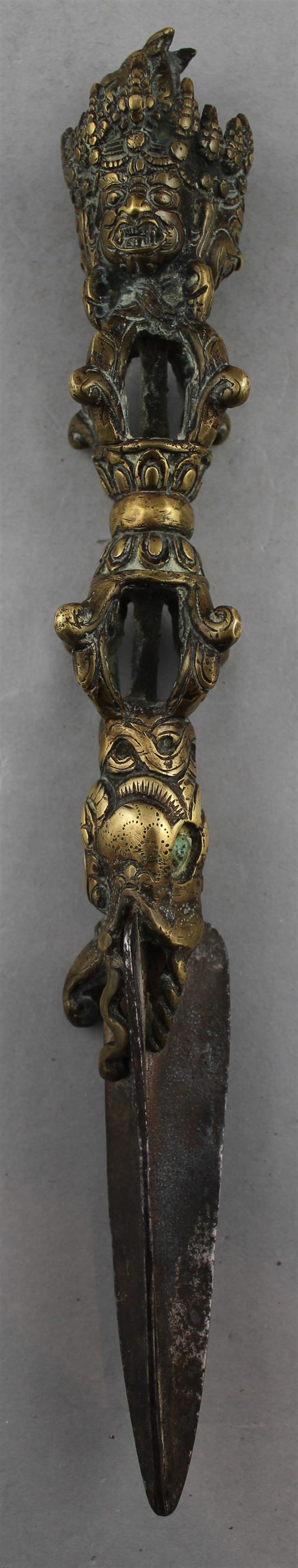 A bronze Tibetan ritual phurba dagger, 11in.